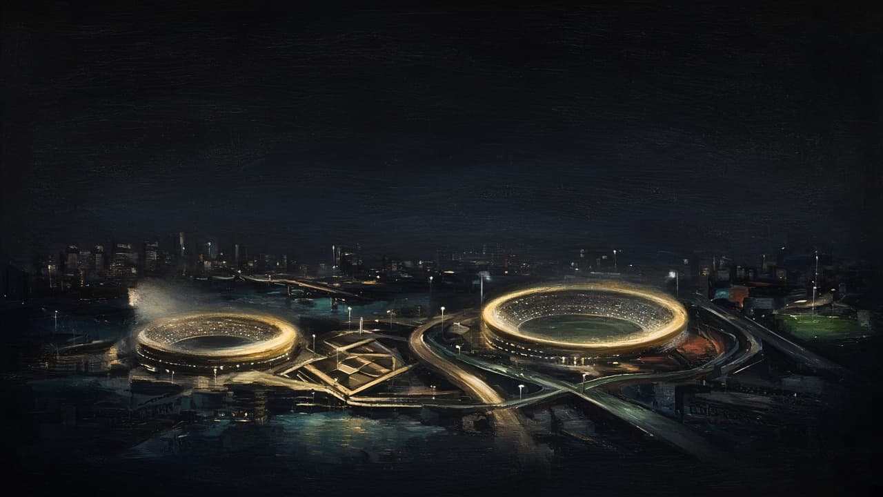 A painted nighttime city with glowing stadiums connected by roads shaped like market lines